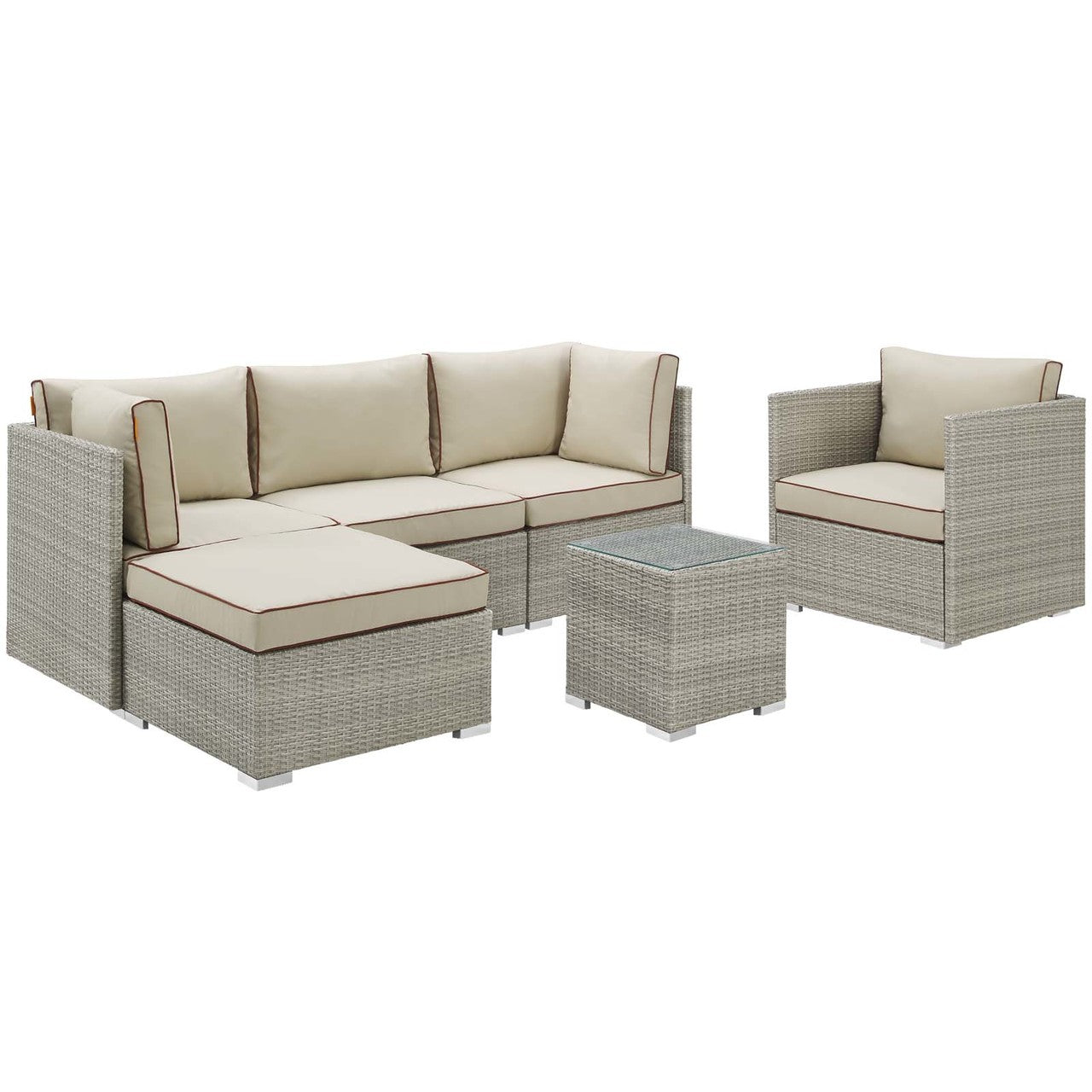 Repose 6 Piece Outdoor Patio Sectional Set, Sunbrella Rattan Wicker, Light Gray Beige 14032