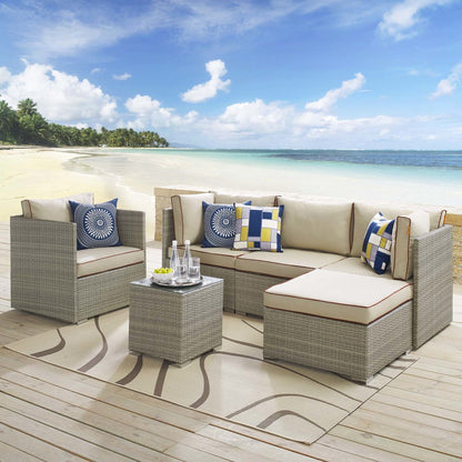 Repose 6 Piece Outdoor Patio Sectional Set, Sunbrella Rattan Wicker, Light Gray Beige 14032