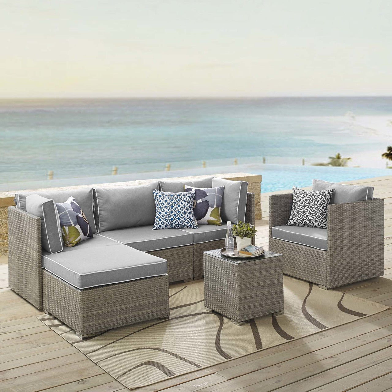 Repose 6 Piece Outdoor Patio Sectional Set, Sunbrella Rattan Wicker, Grey Gray 14034