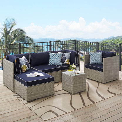 Repose 6 Piece Outdoor Patio Sectional Set, Sunbrella Rattan Wicker, Navy Blue Light Gray 14035