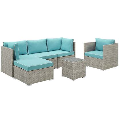 Repose 6 Piece Outdoor Patio Sectional Set, Sunbrella Rattan Wicker, Blue Light Gray 14036