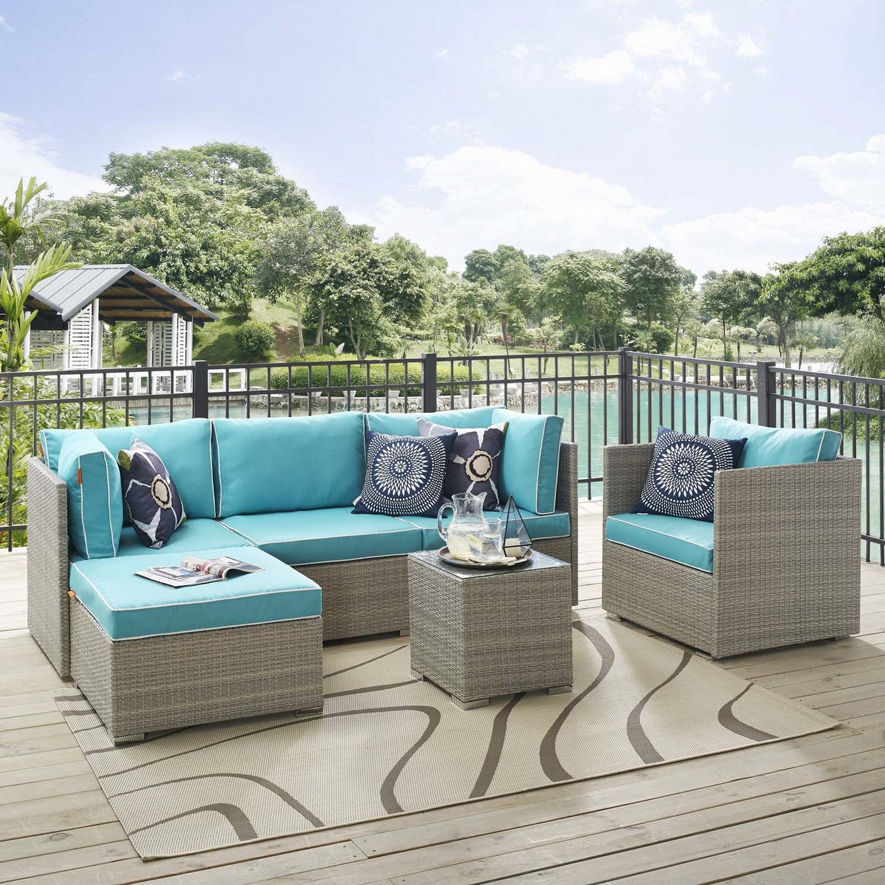 Repose 6 Piece Outdoor Patio Sectional Set, Sunbrella Rattan Wicker, Blue Light Gray 14036