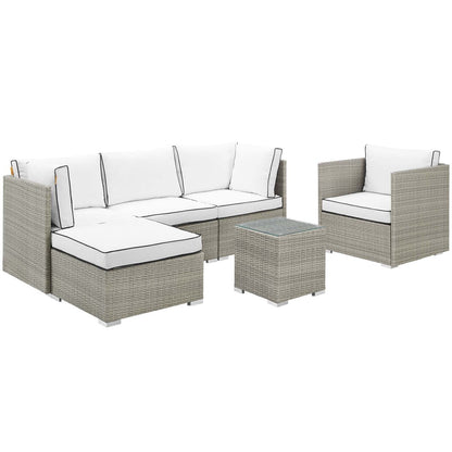 Repose 6 Piece Outdoor Patio Sectional Set, Sunbrella Rattan Wicker, White Light Gray 14037