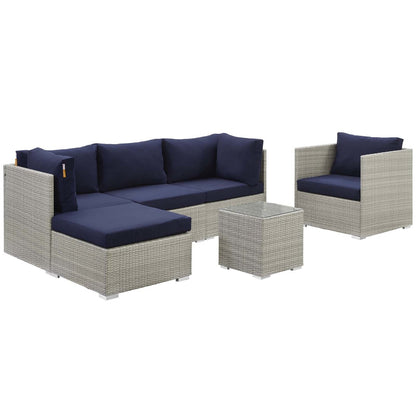 Repose 6 Piece Outdoor Patio Sunbrella® Sectional Set, Sunbrella Rattan Wicker, Navy Blue Light Gray 14039