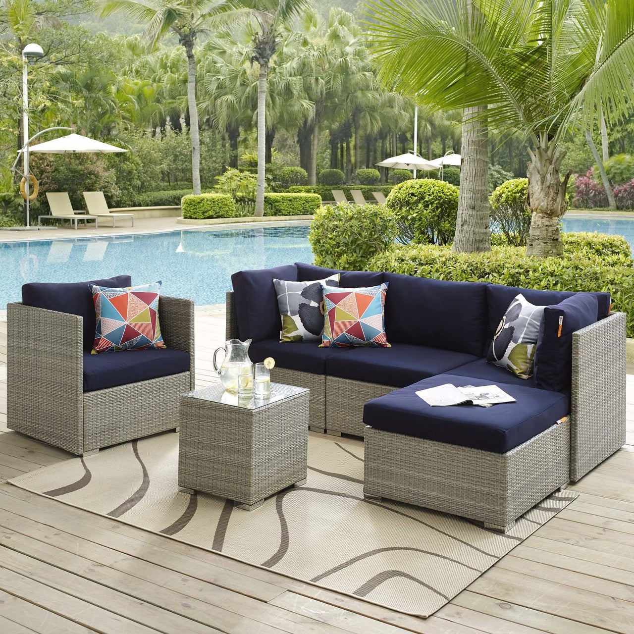 Repose 6 Piece Outdoor Patio Sunbrella® Sectional Set, Sunbrella Rattan Wicker, Navy Blue Light Gray 14039