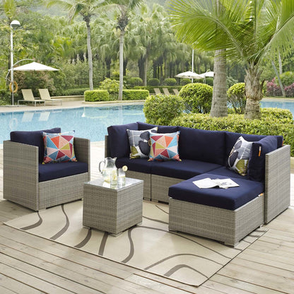 Repose 6 Piece Outdoor Patio Sunbrella® Sectional Set, Sunbrella Rattan Wicker, Navy Blue Light Gray 14039