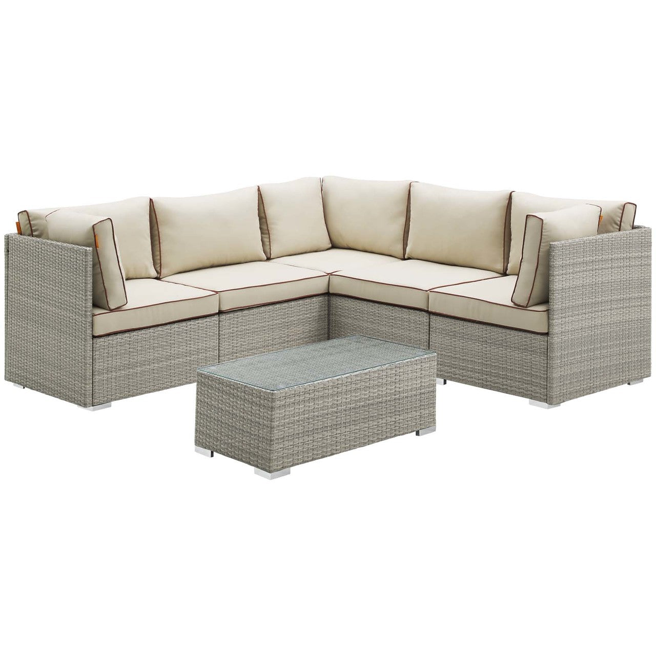 Repose 6 Piece Outdoor Patio Sectional Set, Sunbrella Rattan Wicker, Light Gray Beige 14040
