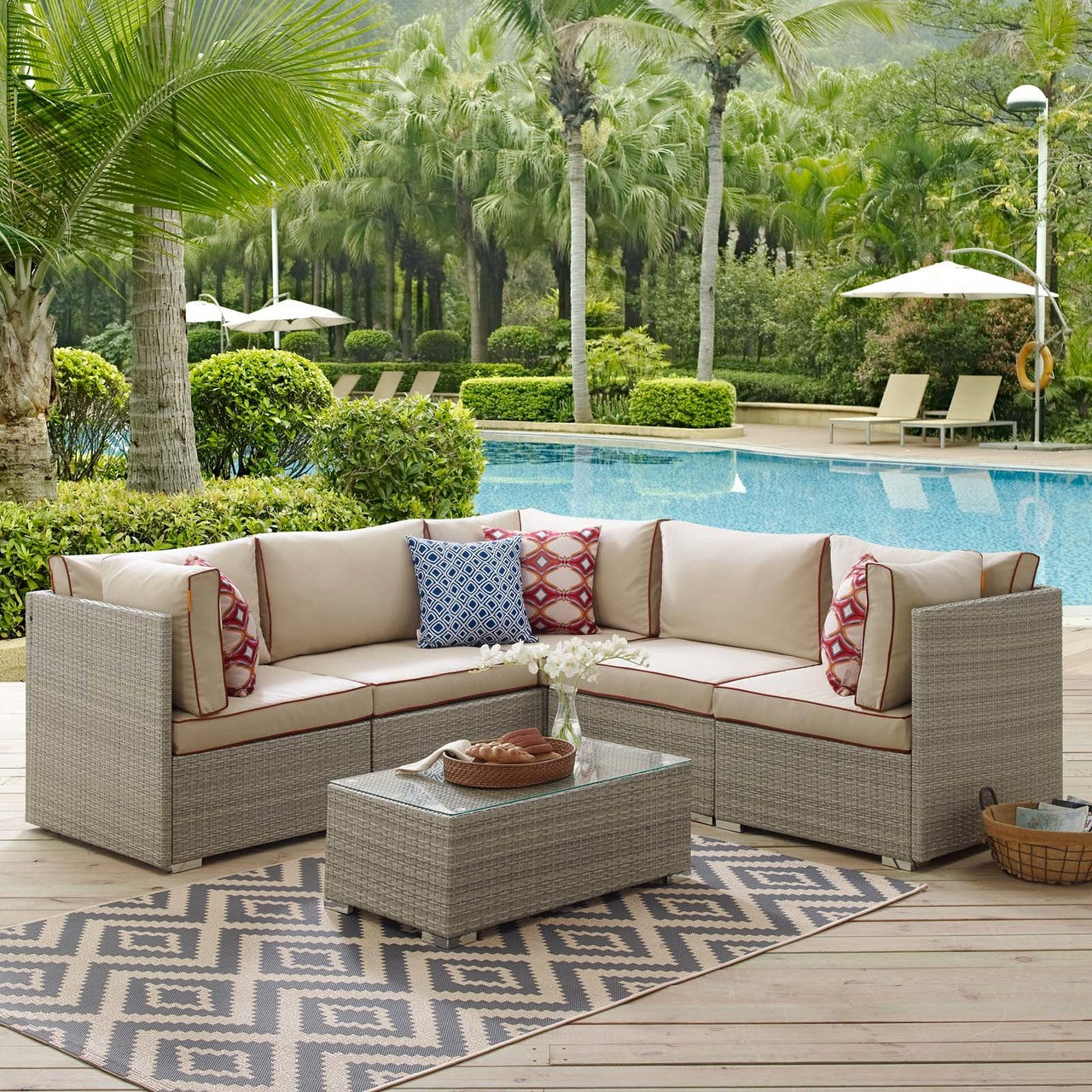 Repose 6 Piece Outdoor Patio Sectional Set, Sunbrella Rattan Wicker, Light Gray Beige 14040