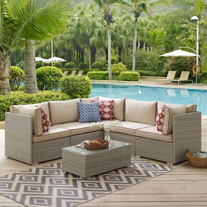 Repose 6 Piece Outdoor Patio Sectional Set, Sunbrella Rattan Wicker, Light Gray Beige 14040