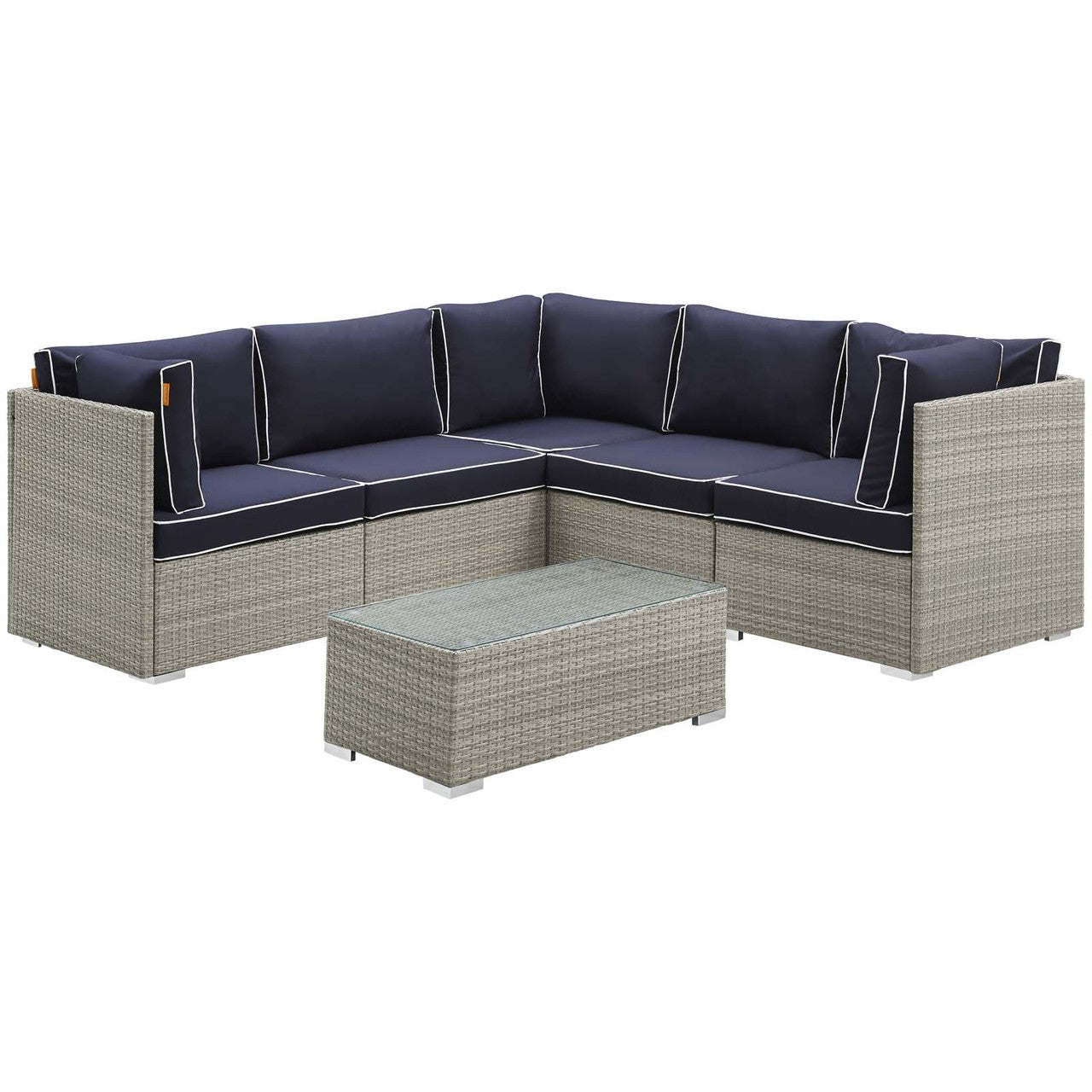 Repose 6 Piece Outdoor Patio Sectional Set, Sunbrella Rattan Wicker, Navy Blue Light Gray 14043