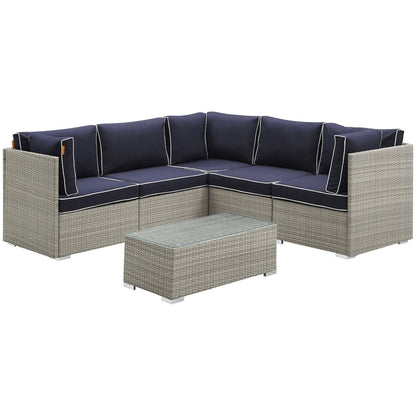 Repose 6 Piece Outdoor Patio Sectional Set, Sunbrella Rattan Wicker, Navy Blue Light Gray 14043