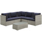 Repose 6 Piece Outdoor Patio Sectional Set, Sunbrella Rattan Wicker, Navy Blue Light Gray 14043