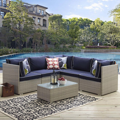 Repose 6 Piece Outdoor Patio Sectional Set, Sunbrella Rattan Wicker, Navy Blue Light Gray 14043