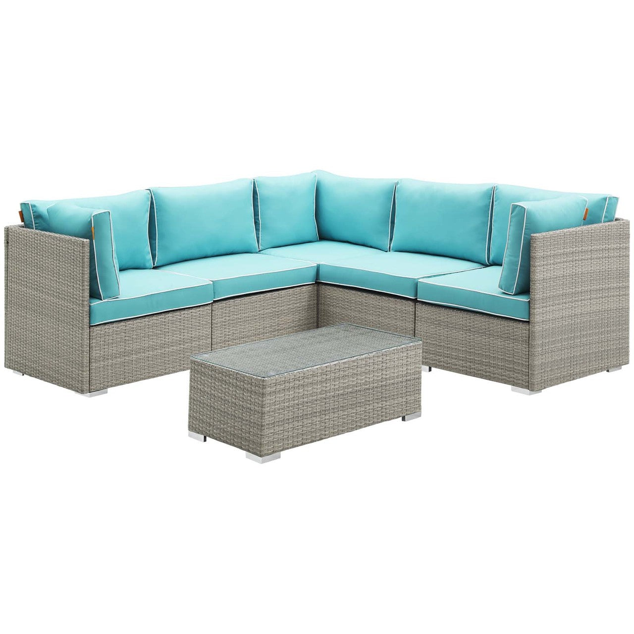 Repose 6 Piece Outdoor Patio Sectional Set, Sunbrella Rattan Wicker, Blue Light Gray 14044