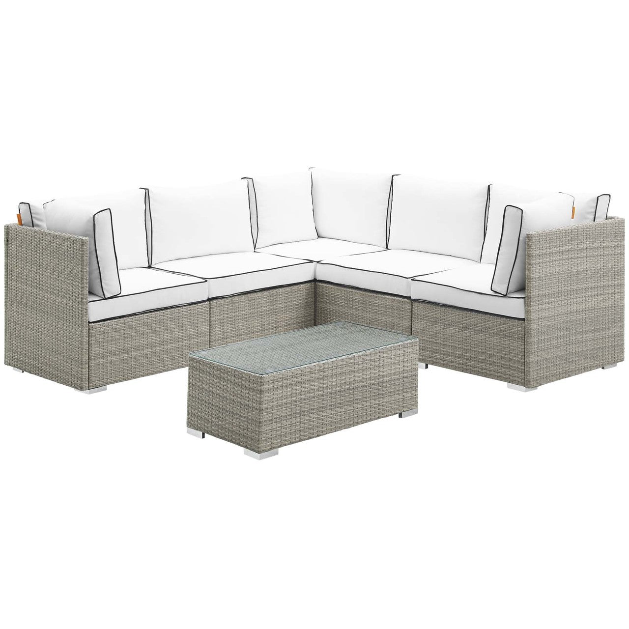 Repose 6 Piece Outdoor Patio Sectional Set, Sunbrella Rattan Wicker, White Light Gray 14045
