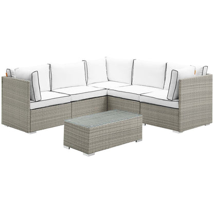 Repose 6 Piece Outdoor Patio Sectional Set, Sunbrella Rattan Wicker, White Light Gray 14045