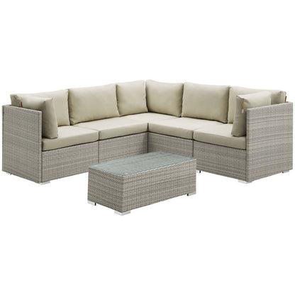 Repose 6 Piece Outdoor Patio Sunbrella® Sectional Set, Sunbrella Rattan Wicker, Light Gray Beige 14046