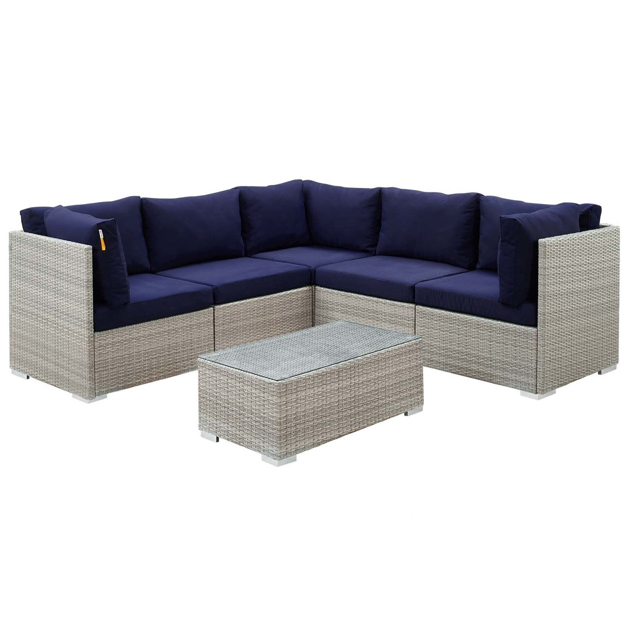 Repose 6 Piece Outdoor Patio Sunbrella® Sectional Set, Sunbrella Rattan Wicker, Navy Blue Light Gray 14047