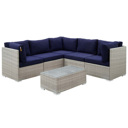 Repose 6 Piece Outdoor Patio Sunbrella® Sectional Set, Sunbrella Rattan Wicker, Navy Blue Light Gray 14047