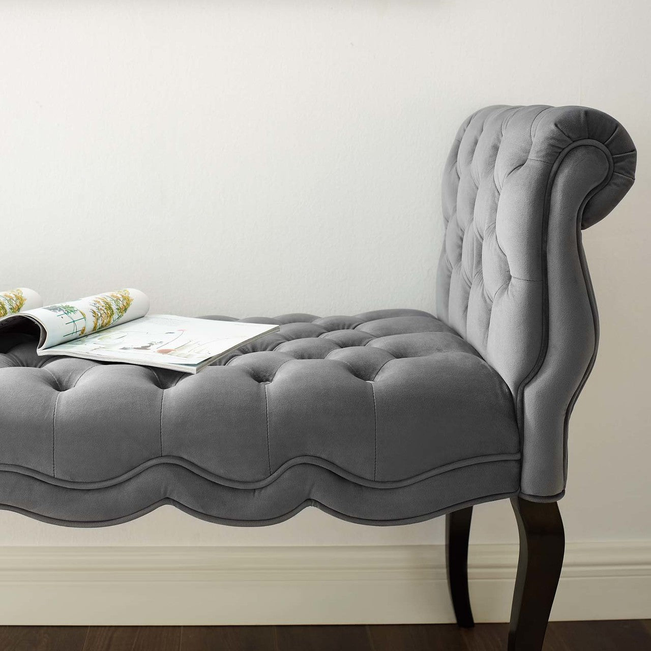 Adelia Chesterfield Style Button Tufted Performance Velvet Bench, Velvet Fabric, Grey Gray 15313