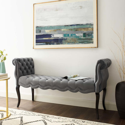 Adelia Chesterfield Style Button Tufted Performance Velvet Bench, Velvet Fabric, Grey Gray 15313