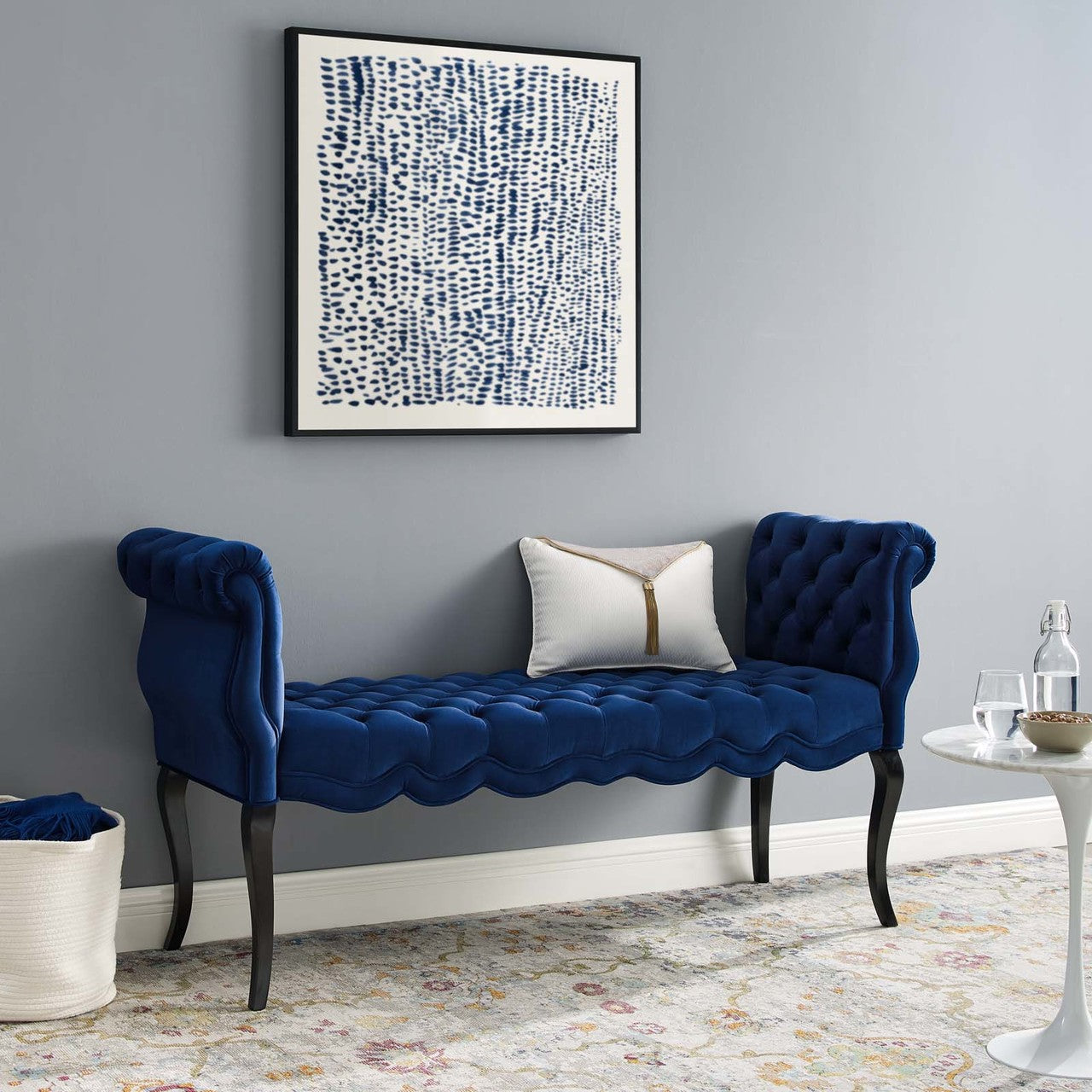 Adelia Chesterfield Style Button Tufted Performance Velvet Bench, Velvet Fabric, Navy Blue 15315