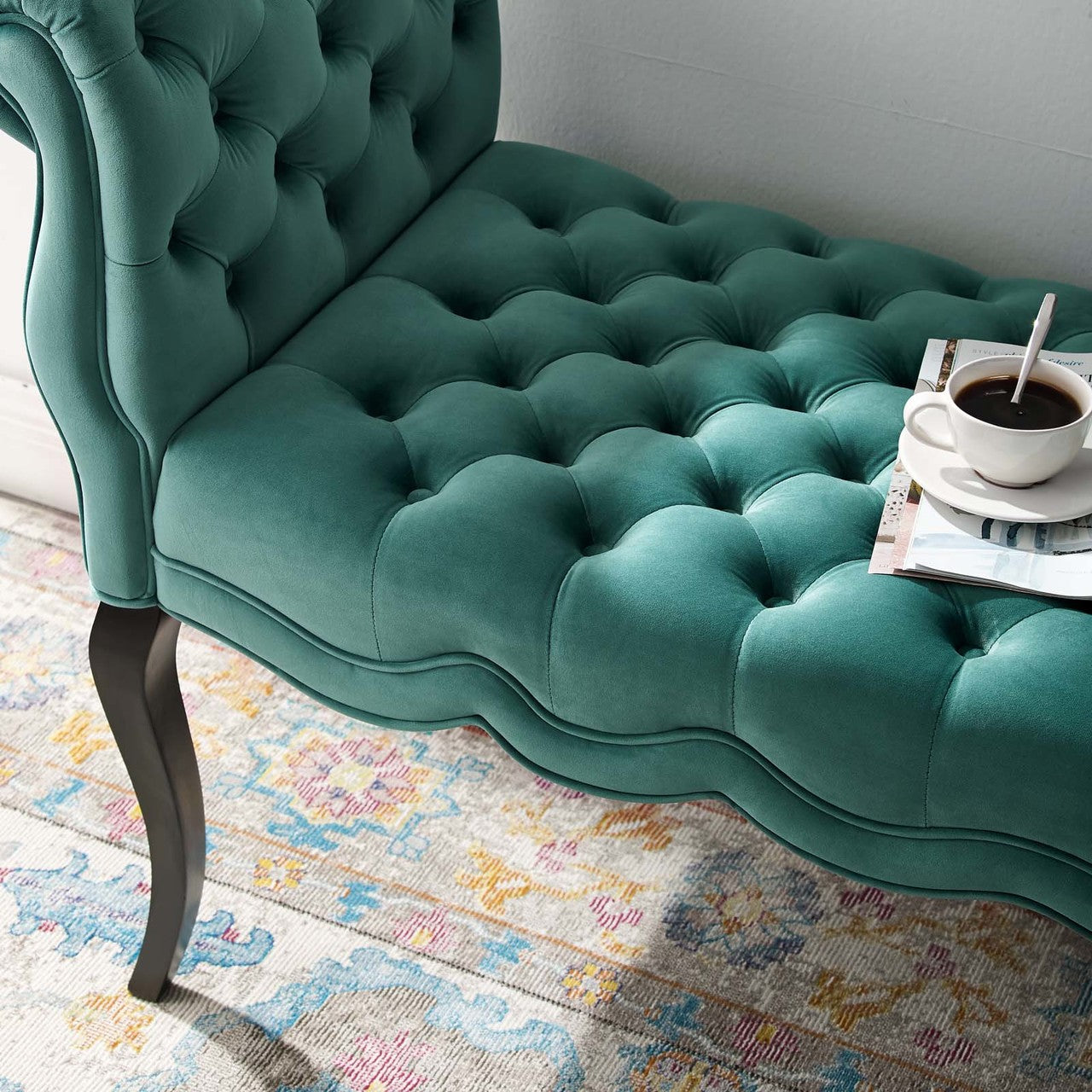 Adelia Chesterfield Style Button Tufted Performance Velvet Bench, Velvet Fabric, Aqua Blue 15316