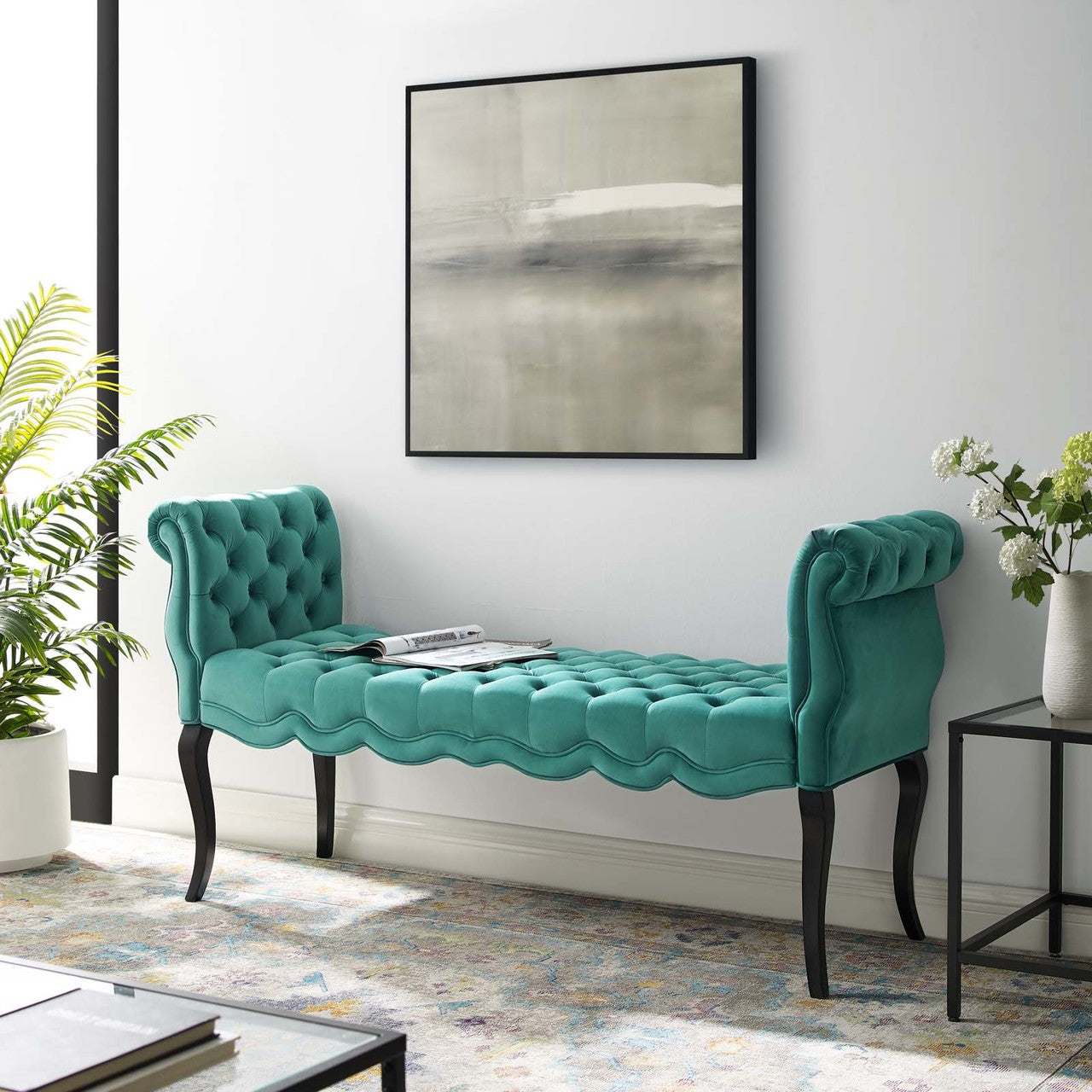Adelia Chesterfield Style Button Tufted Performance Velvet Bench, Velvet Fabric, Aqua Blue 15316