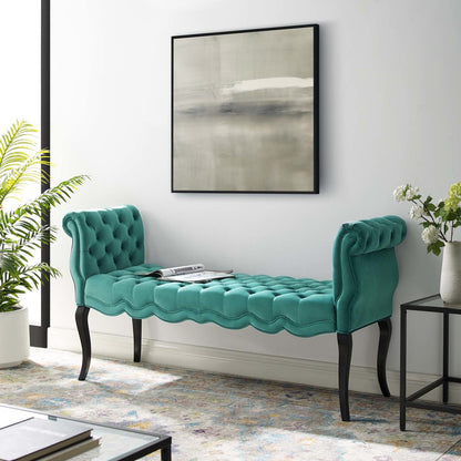 Adelia Chesterfield Style Button Tufted Performance Velvet Bench, Velvet Fabric, Aqua Blue 15316