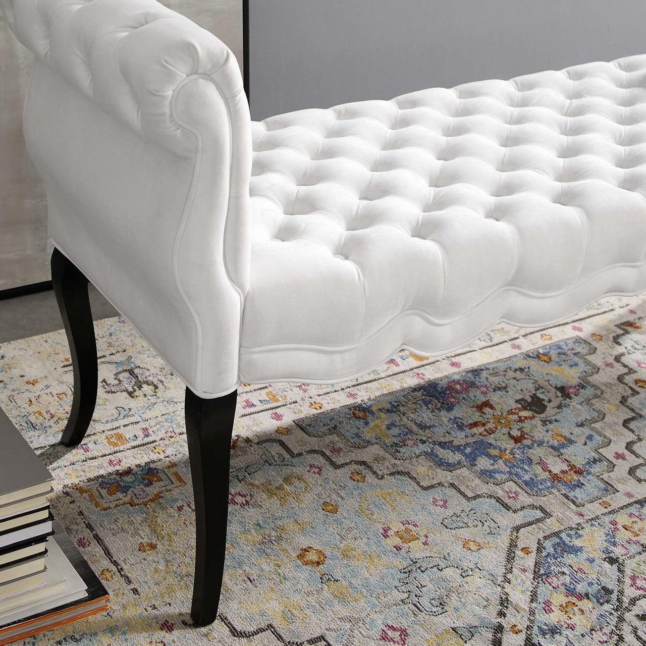 Adelia Chesterfield Style Button Tufted Performance Velvet Bench, Velvet Fabric, White 15317