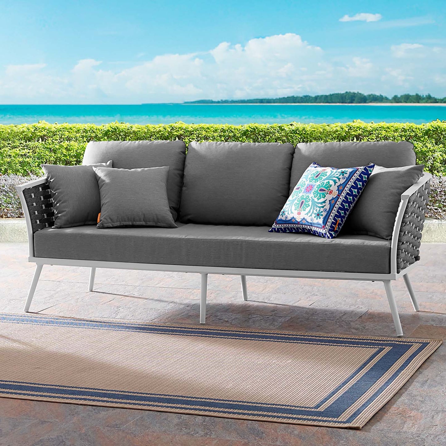 Stance Outdoor Patio Aluminum Sofa, Fabric Aluminum, White Grey Gray, 17264