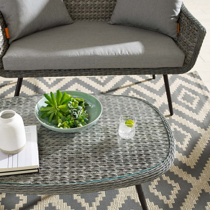 Endeavor Outdoor Patio Wicker Rattan Coffee Table, Rattan Wicker Glass Aluminum Metal, Grey Gray 14048