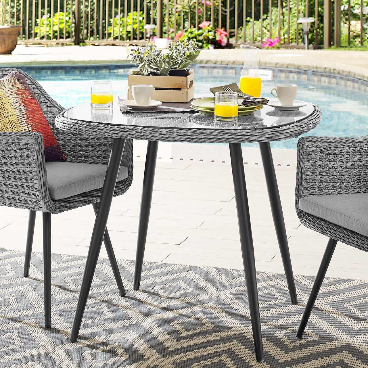 Endeavor 36" Outdoor Patio Wicker Rattan Dining Table, Rattan Wicker Glass Aluminum Metal, Grey Gray 15192