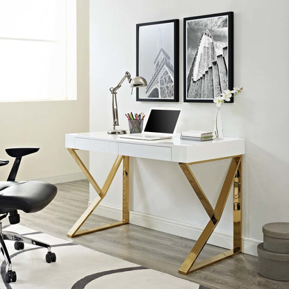 Adjacent Desk, Wood Metal Steel, White Gold 14054
