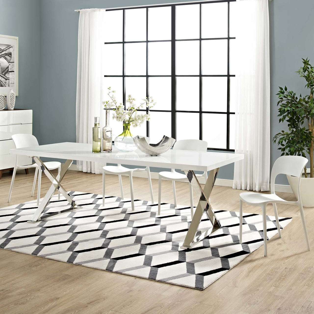 Sector Dining Table, Wood Metal Steel, White 14056
