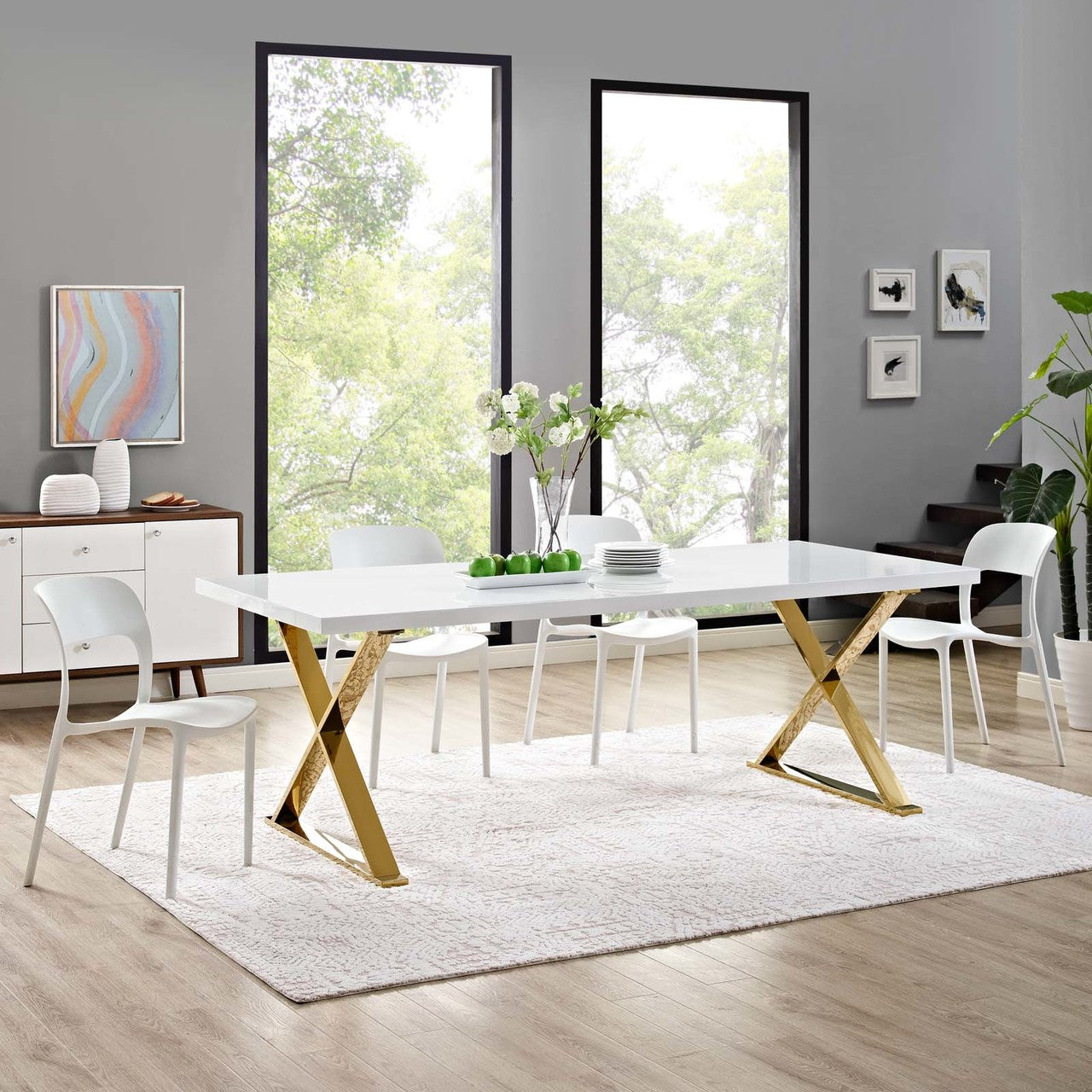 Sector Dining Table, Wood Metal Steel, White Gold 14057