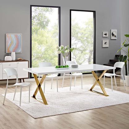 Sector Dining Table, Wood Metal Steel, White Gold 14057