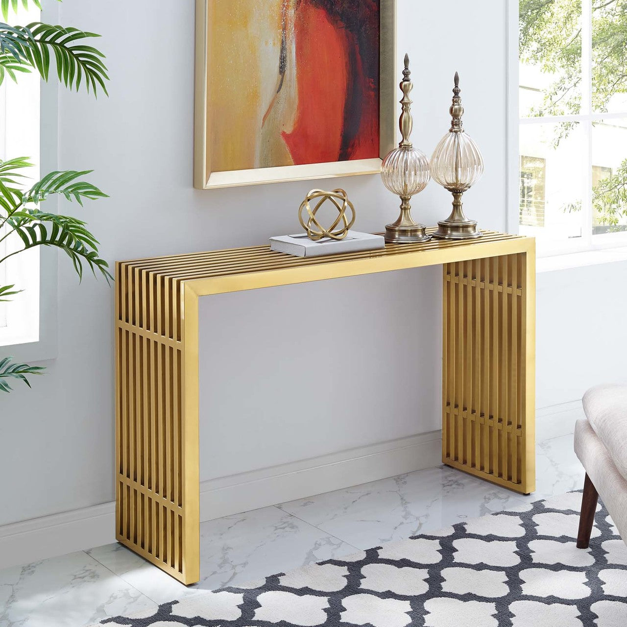 Gridiron Stainless Steel Console Table, Metal Steel Stainless Steel Glass, Gold 14059