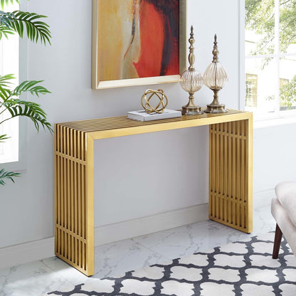 Gridiron Stainless Steel Console Table, Metal Steel Stainless Steel Glass, Gold 14059