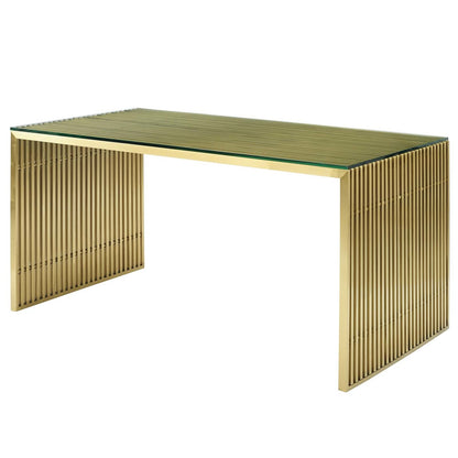 Gridiron Stainless Steel Dining Table, Metal Steel Stainless Steel Glass, Gold 14061