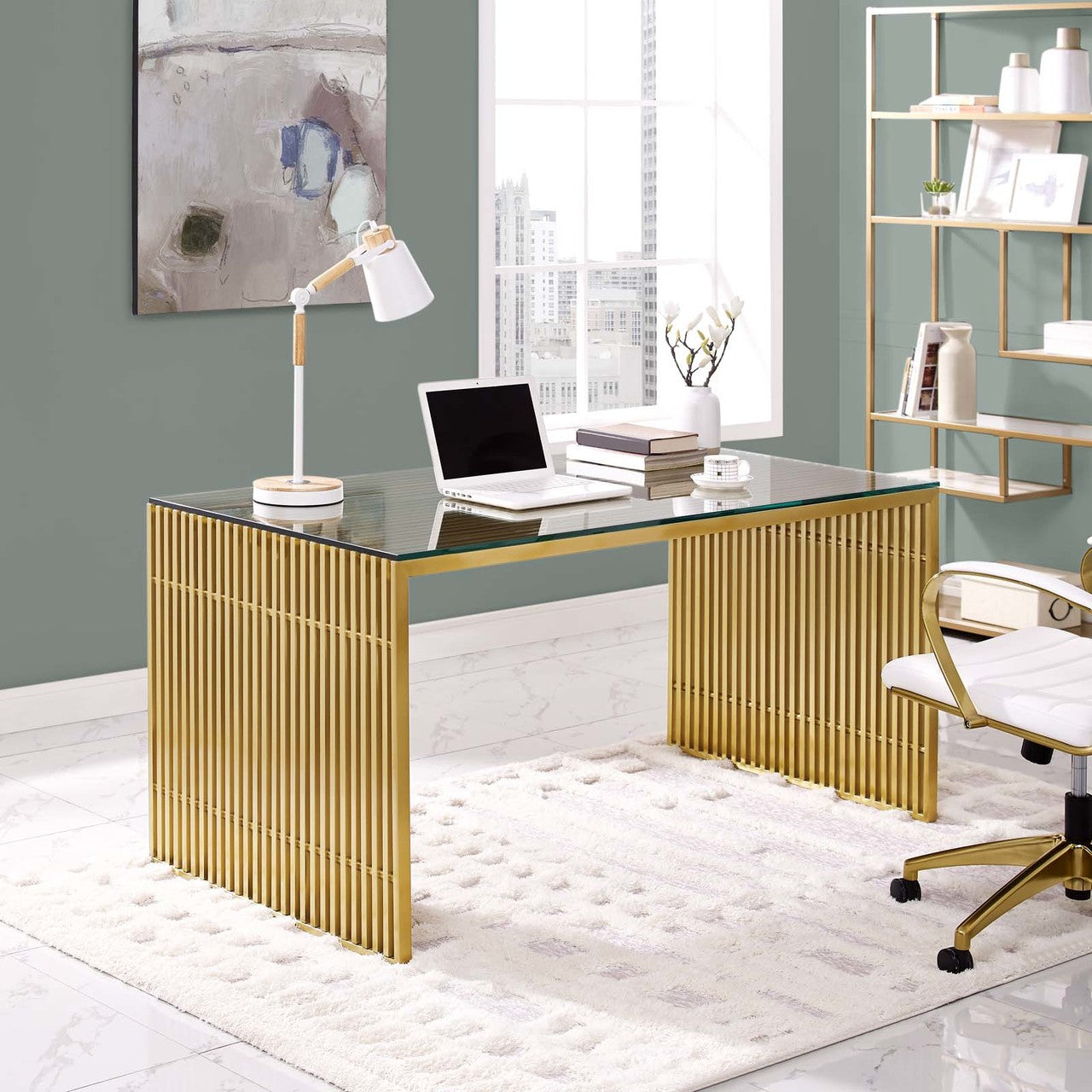 Gridiron Stainless Steel Dining Table, Metal Steel Stainless Steel Glass, Gold 14061