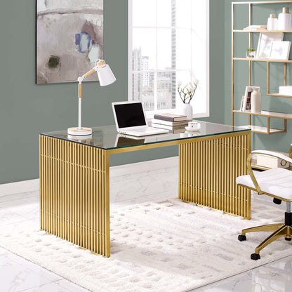 Gridiron Stainless Steel Dining Table, Metal Steel Stainless Steel Glass, Gold 14061