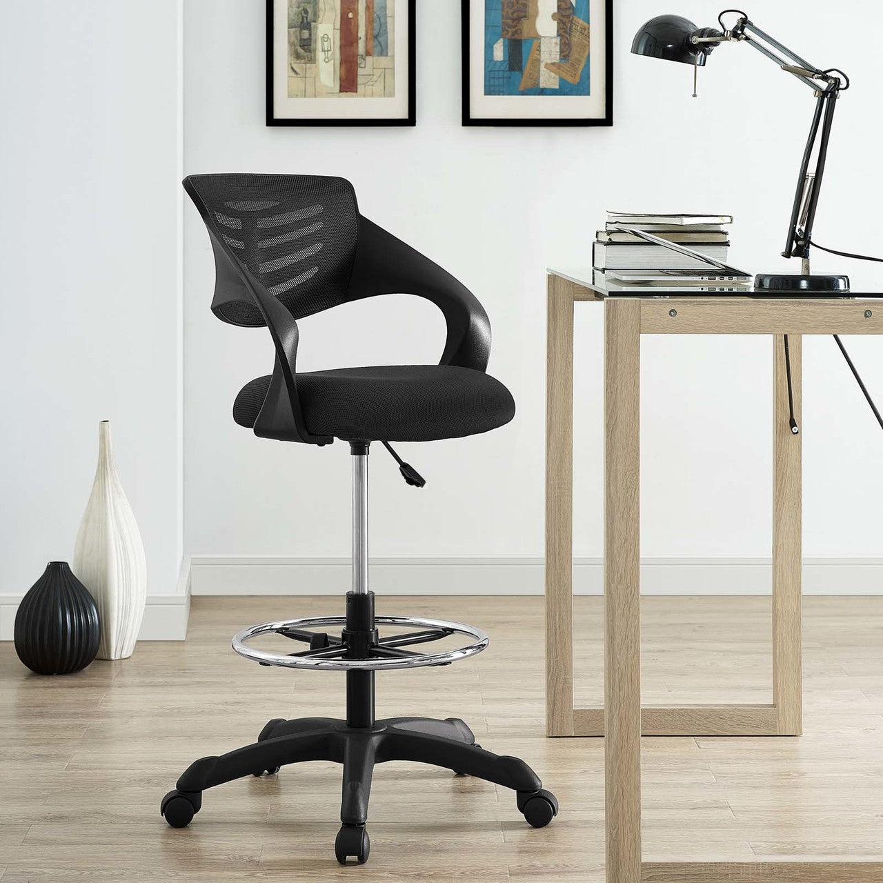 Thrive Mesh Drafting Chair, Fabric, Black 14063