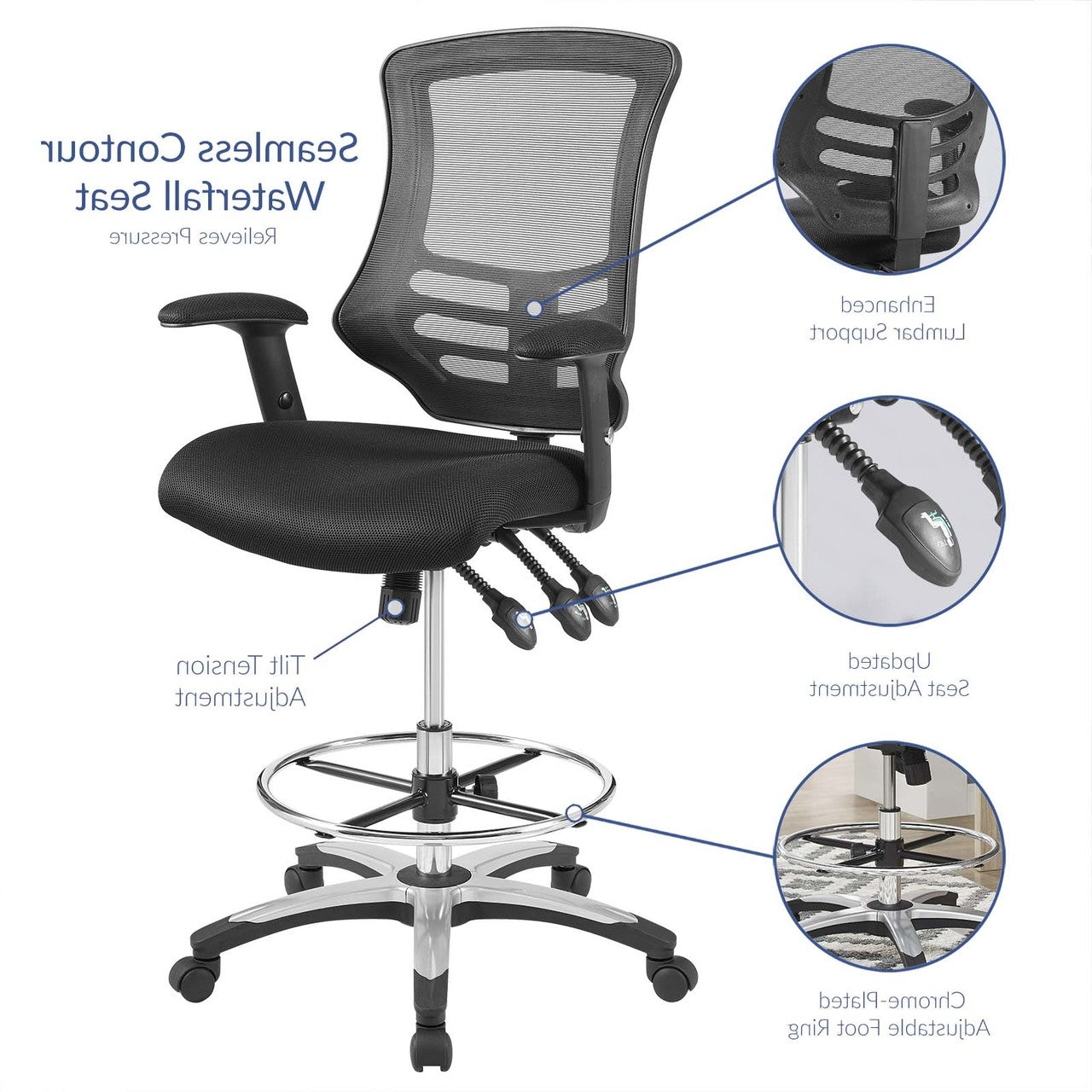 Calibrate Mesh Drafting Chair, Fabric, Black 14075