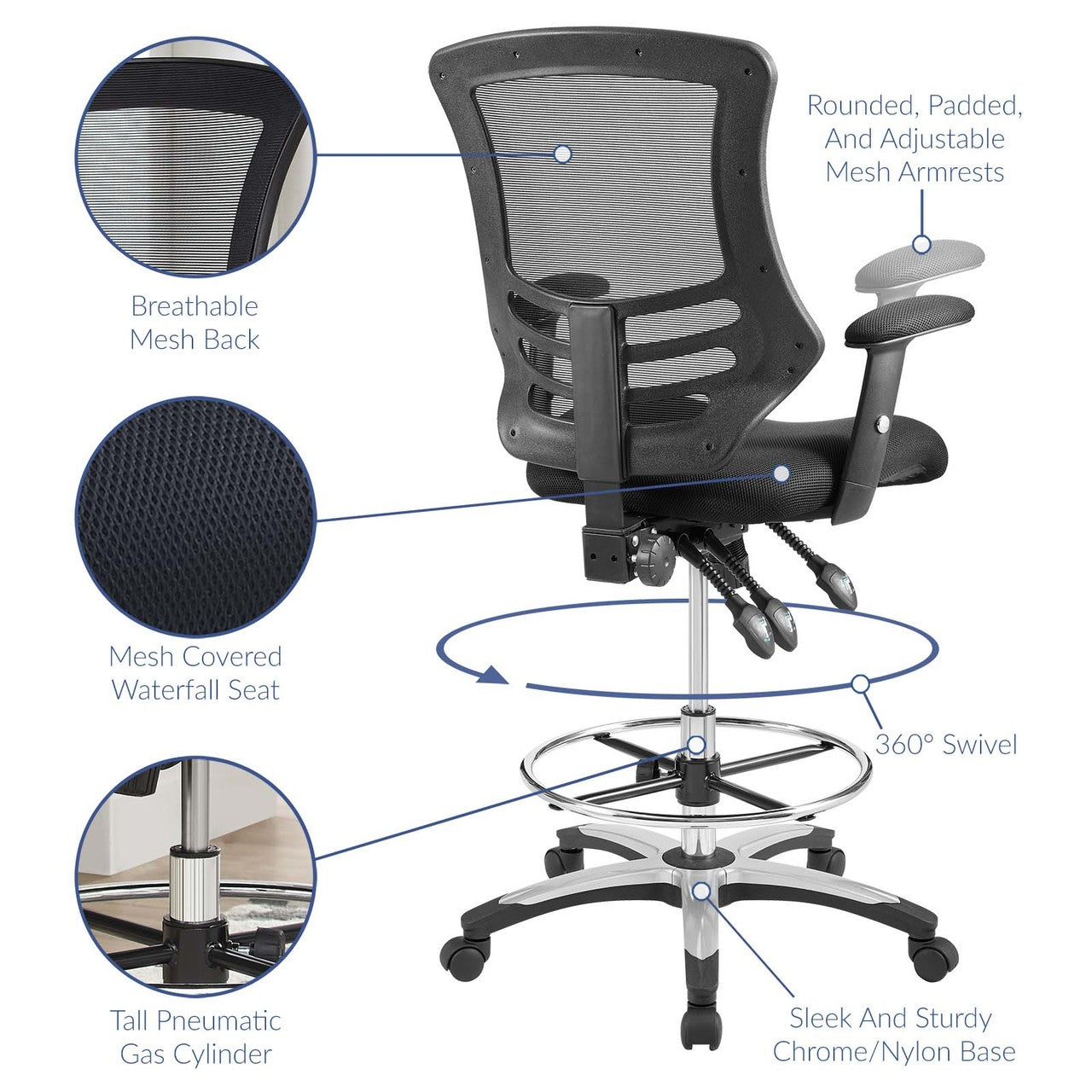 Calibrate Mesh Drafting Chair, Fabric, Black 14075