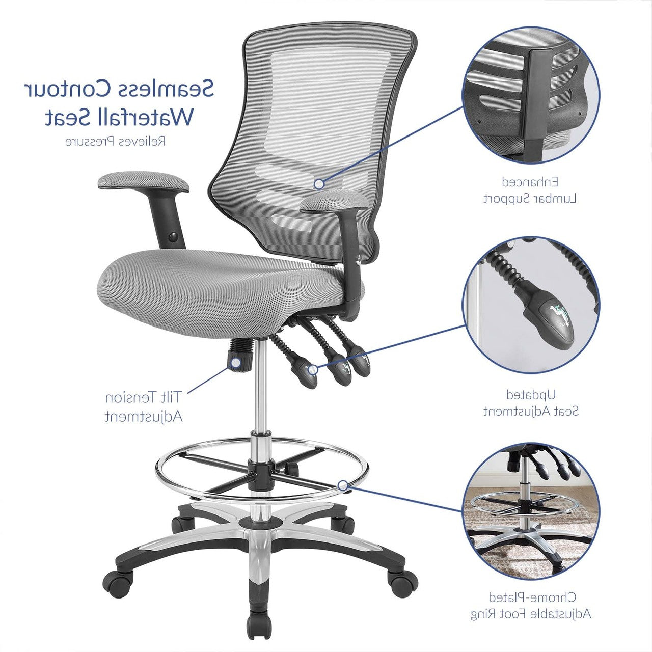 Calibrate Mesh Drafting Chair, Fabric, Grey Gray 14076