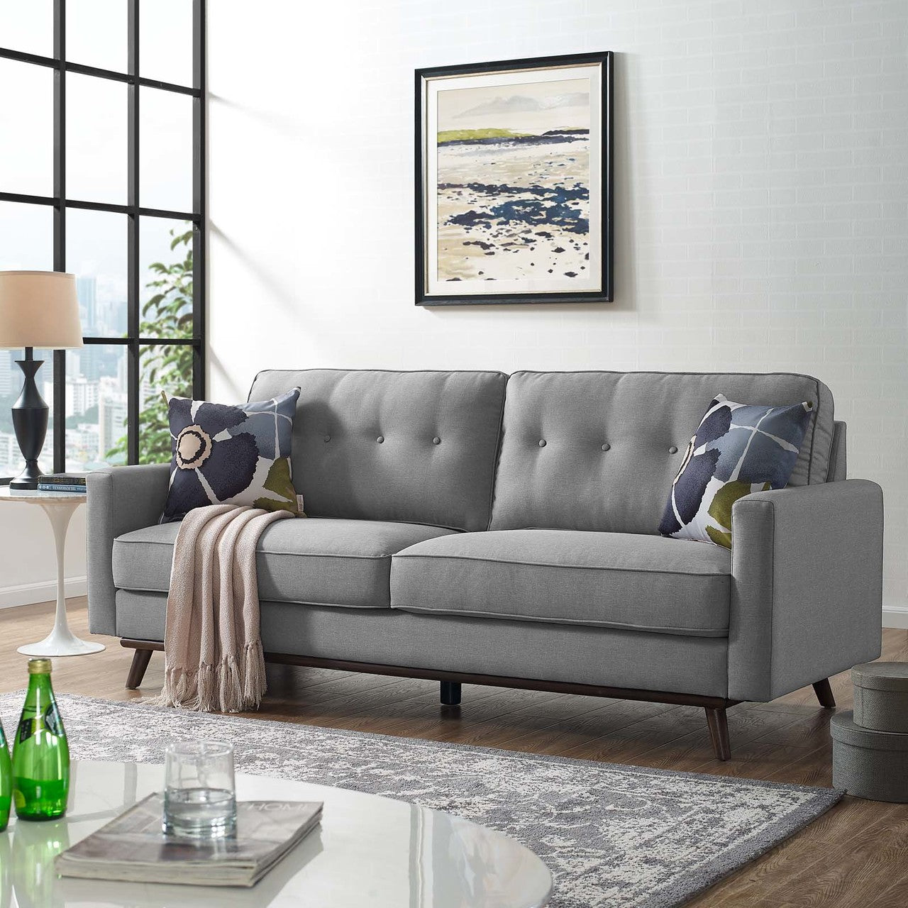 Prompt Upholstered Fabric Sofa, Fabric, Light Grey Gray 15035