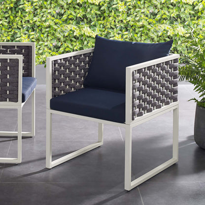 Stance Outdoor Patio Aluminum Dining Armchair, Velvet Fabric Metal Steel, Navy Blue White, 17268