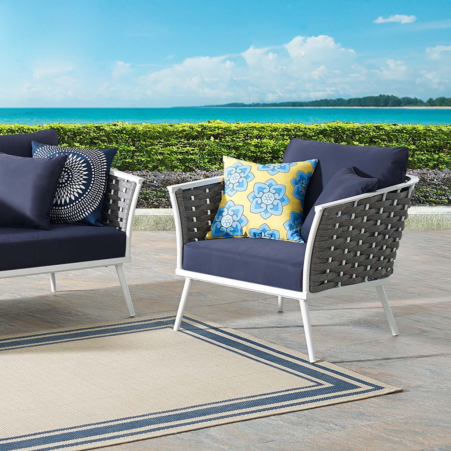 Stance Outdoor Patio Aluminum Armchair, Aluminum Fabric, Navy Blue White, 17269