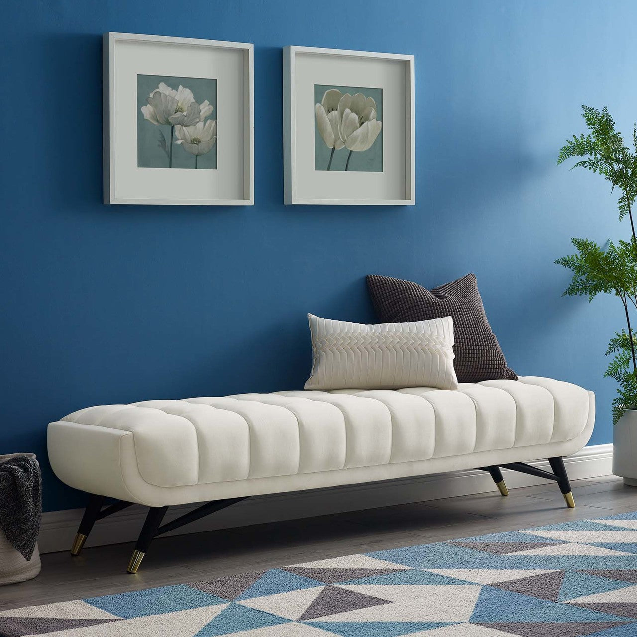 Adept Upholstered Velvet Bench, Velvet Fabric, Ivory White 14111